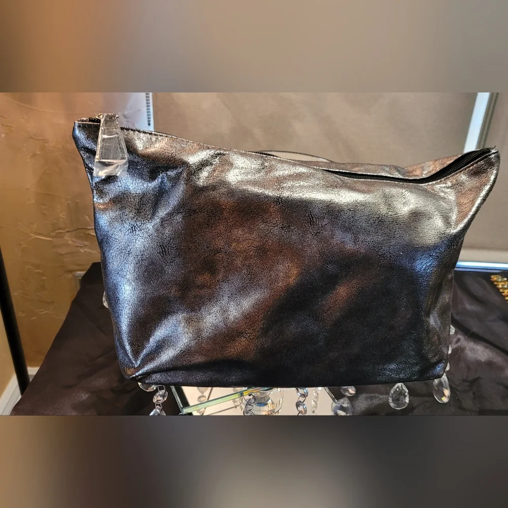 Sondra Roberts Classic Square Black Faux Fur Open Tote Bag + Gunmetal ZipCase